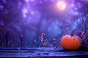 Wall Mural - Halloween Table - Old Wooden Plank With Orange Pumpkin In Purple Landscape With Moonlight, HD, realistic, copy space, Generative ai