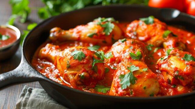Delicious homemade chicken drumsticks in spicy tomato sauce