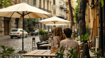 A couple on a romantic getaway in a European city, with picturesque streets and cafes