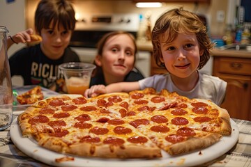 Canvas Print - three children sitting at a table with a large pepperoni pizza