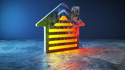 Wall Mural - Colorful neon house icon on dark textured background