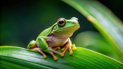 Wall Mural - A close-up shot of a green frog perched on a leaf, frog, amphibian, wildlife, nature, green, animal, plant, rainforest