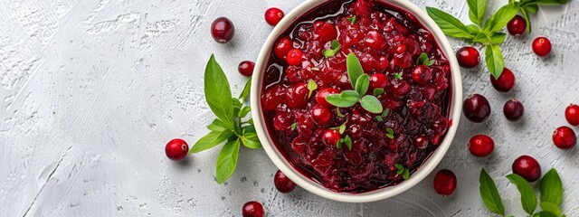 Wall Mural -  A white bowl holds cranberry sauce Surrounding it are green leaves and pomegranates on a pristine surface