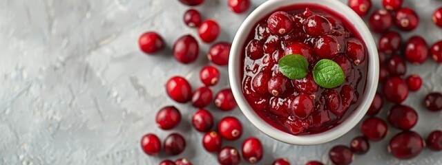 Wall Mural -  A small, white bowl holds cranberry sauce Surrounding it are cranberries and a green leaf on a white surface