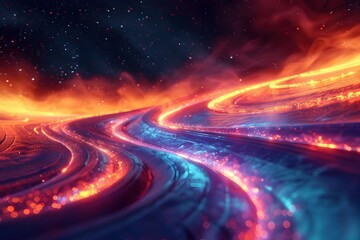 Canvas Print - Luminous Warp Trail Distorting the Fabric of Space in a Surreal Alien Landscape with Digital Painting