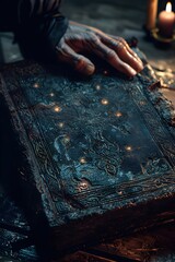 Canvas Print - Mysterious Occult Tome with Glowing Runes and Shadowy Hand Reaching Towards Candlelight