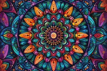 Poster - Vibrant and Intricate Mandala Design with Mesmerizing Geometric Patterns and Hypnotic Color Scheme Perfect for Psychedelic Apparel or Visionary Artwork