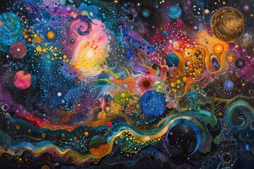 Poster - Vibrant and captivating cosmic galaxy landscape filled with psychedelic shapes stars planets and mystical energy