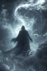 Wall Mural - Shadowy Figure Casting Dark Spell with Swirling Energy Tendrils and Ominous Storm Clouds