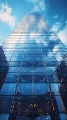 Poster - Sleek Mirrored Skyscraper with Geometric Patterns Reflecting the Sky