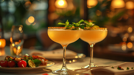 Wall Mural - Two glasses of refreshing orange drink on a table, garnished with slices of orange and ice cubes.