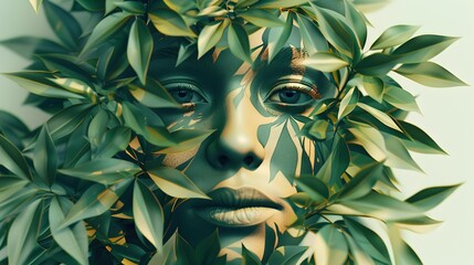 Wall Mural - Tranquil Nature-Inspired Mask with Lush Foliage Graphic