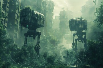 Wall Mural - Towering Robotic Sentinels Dominate Lush Post-Apocalyptic Landscape with Scavenged Tech and Bioluminescent Organisms