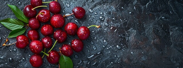 Wall Mural -  A collection of cherries atop a black surface, adorned with water droplets precariously perched atop each fruit