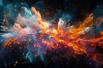 Poster - Vibrant explosion of colorful fireworks morphing into intricate abstract shapes against a dark cosmic backdrop  Bursting with energy light and dynamic movement