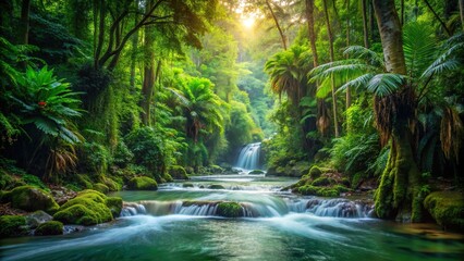 Wall Mural - Tropical rainforest with flowing water, lush, green, foliage, trees, jungle, exotic, vibrant, stream, river, waterfall
