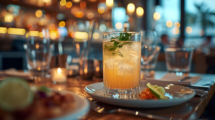 Wall Mural - A glass of orange juice on a table, with a slice of orange on the rim.