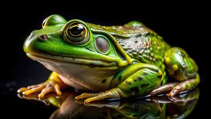 Wall Mural - Close-up of vibrant green African Bullfrog with glossy skin on black background, frog, tree frog, African Bullfrog