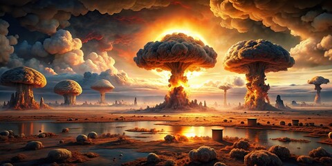 Post-apocalyptic landscape with fiery nuclear explosions , apocalypse, destruction, disaster, inferno