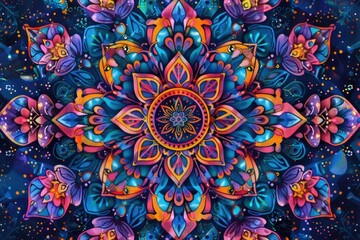 Poster - Detailed mandala design with vibrant hypnotic colors and intricate geometric patterns perfect for a psychedelic t shirt design wallpaper or other bohemian ethnic or visionary artwork