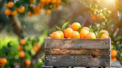 Wall Mural - Box of oranges against the backdrop of the garden