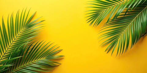 Poster - Green palm fronds on a yellow background, tropical, leaves, palm trees, foliage, vibrant, botanical, exotic, nature, pattern, design