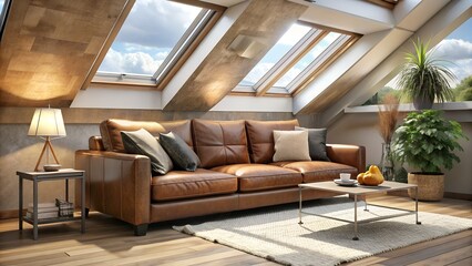 Scandinavian Attic Living Room with Leather Sofa. Perfect for: interior design, Scandinavian style