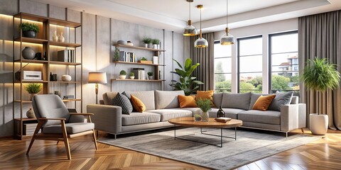 Wall Mural - Modern living room interior with stylish furniture and decorations, interior design, home decor, contemporary, comfortable