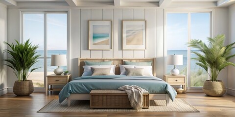 Wall Mural - Mock up tow frame in cozy coastal style bedroom interior , mock up, two frame, cozy, home, interior, coastal, style
