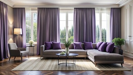 Wall Mural - Elegant purple curtains in a minimalist living room with natural light , elegant, purple, curtains