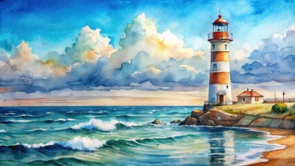 Wall Mural - Watercolor drawing of a picturesque sea with a lighthouse, sea, ocean, watercolor, painting, art, lighthouse, beacon