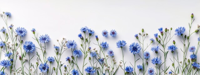 Wall Mural -  A white backdrop features a cluster of blue blooms against a central, pristine white wall, with an additional white wall visible in the background