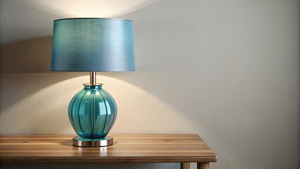 Wall Mural - Trendy interior with blue lampshade, glass table lamp, light wall, and grey cloth , trendy