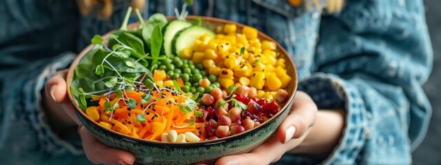 Wall Mural -  A tight shot of an individual's hands cradling a bowl brimming with various fruits and vegetables