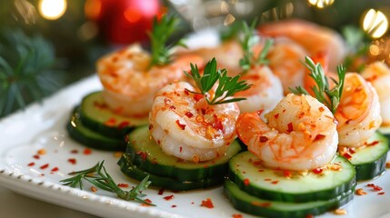Wall Mural - Shrimp appetizer on cucumber slices with red pepper flakes and parsley