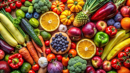 Wall Mural - A close-up shot of assorted colorful fruits and vegetables , fresh, healthy, organic, natural, vibrant, nutrition, produce, market