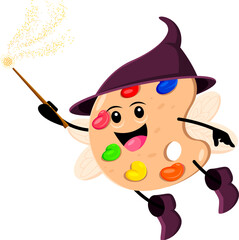 Cartoon Halloween paint palette mage, wizard and witch character. Isolated vector whimsical artist tool personage in a charming fairy costume, waves a magical wand, spreading colorful enchantment