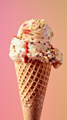 Wall Mural - An ice cream cone, a delicious looking ice cream scoop, with toppings, against a flat solid color continuous matte background