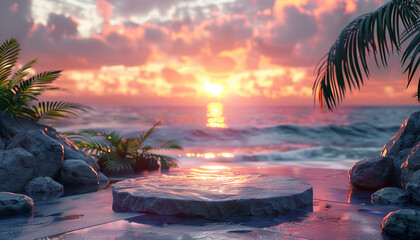 3d rock podium on tropical beach background at sunset, with space for product presentation