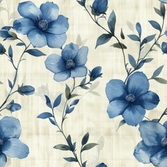 watercolor Lobelias in soft blue and white, distressed canvas background, classic botanical drawing, delicate vintage floral patter, seamless repeating pattern, minimal pattern, high contrasty 