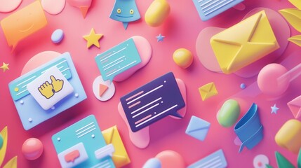 Leinwandbilder - Colorful digital illustration with 3D social media ads on a bright pink background, perfect for advertising and marketing ideas. Generative AI