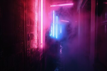 a dark hallway with a neon light coming out of it