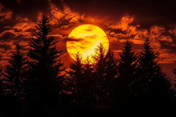 Wall Mural - Sunset, sunset in the sky with burning orange and red colors. Silhouette of trees against a setting sun. A large bright yellow round sun set behind dark clouds. Beautiful nature background. Sun rising
