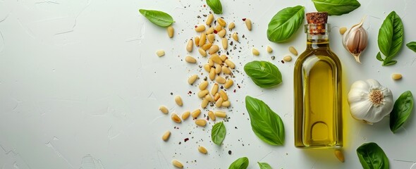 Wall Mural - Fresh Basil, Garlic, Pine Nuts, and Olive Oil for Pesto Recipe