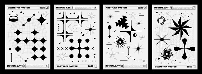 Wall Mural - Retro brutal y2k posters of abstract geometric element, grid shapes and vector line graphic figures. Futuristic pattern of minimal art star, sparkle, planet and eye shapes, wireframe forms banners set