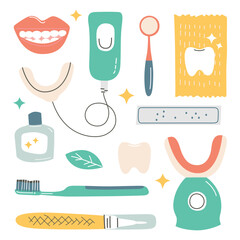 Vector illustration of a teeth whitening kit set in flat cartoon style. Includes LED light whitener, gels, pens, strips, and other dental tools for home use, for dental care and oral hygiene designs