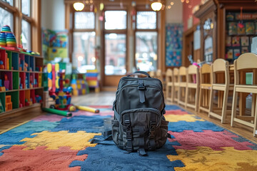 Black backpack placed on the floor in front of colorful toys. Back to school concept.
