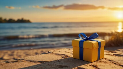 gift box on yellow background. Daylight saving time end, real estate concept and blurred landscape of river beach Blue sky with sunset	
