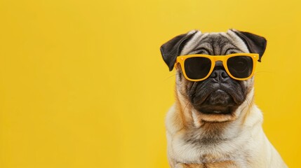 A cute pug dog wearing sunglasses isolated on yellow background, copy space for text