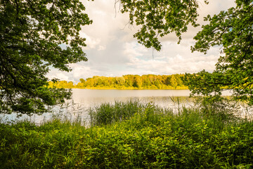 View of the quarry pond near Ingolstadt with the surrounding nature. Landscape by the lake in the recreation area.
